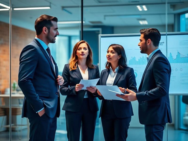 Business executives reviewing strategy with charts in background