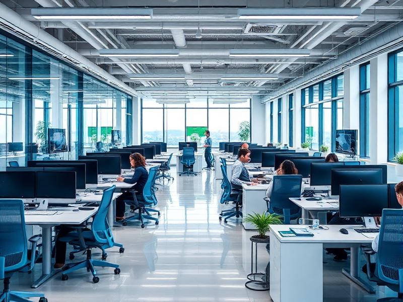 Modern open office workspace with professionals working